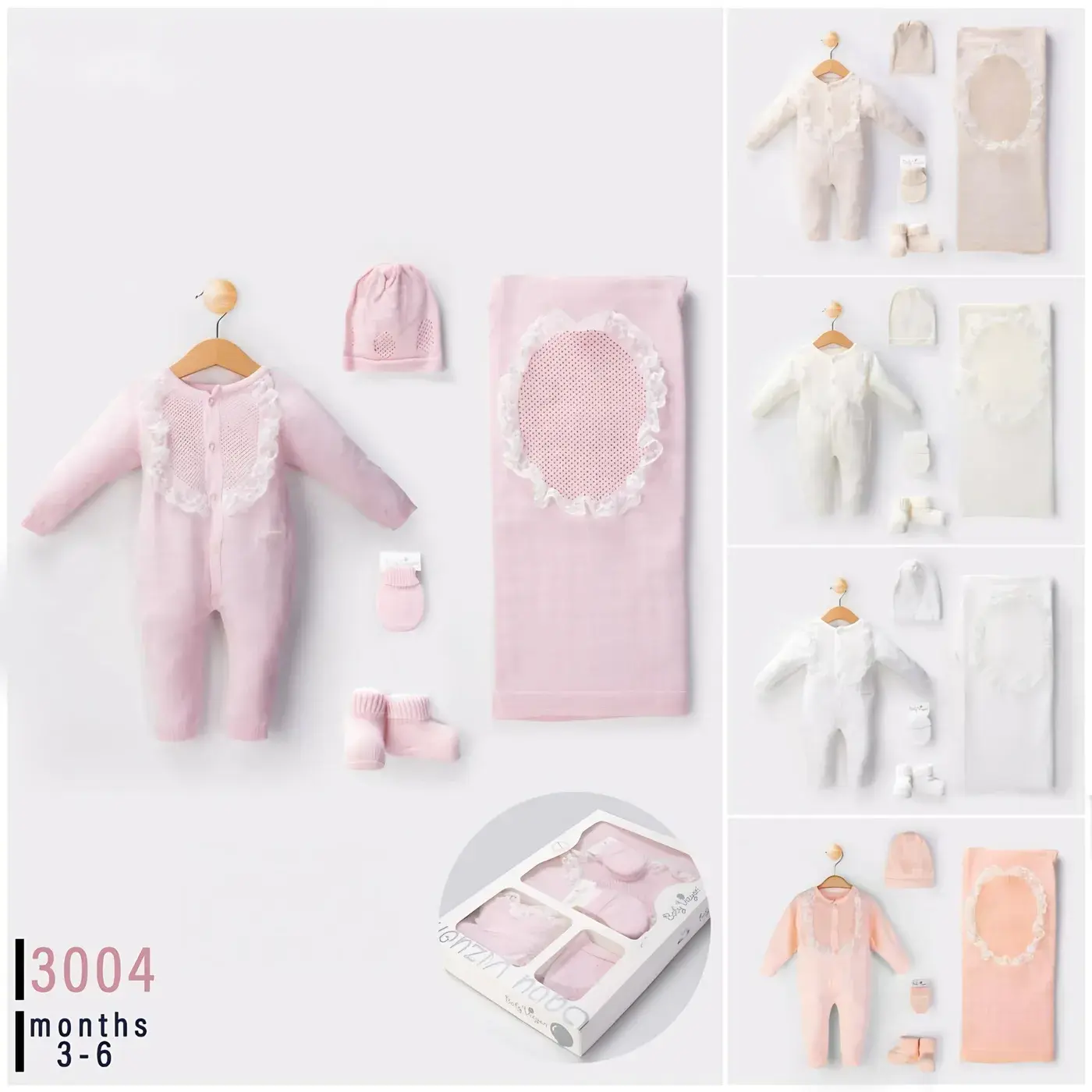 Baby Girl Knit Set 5 Pieces Lace Bib Romper with Blanket Model 3004