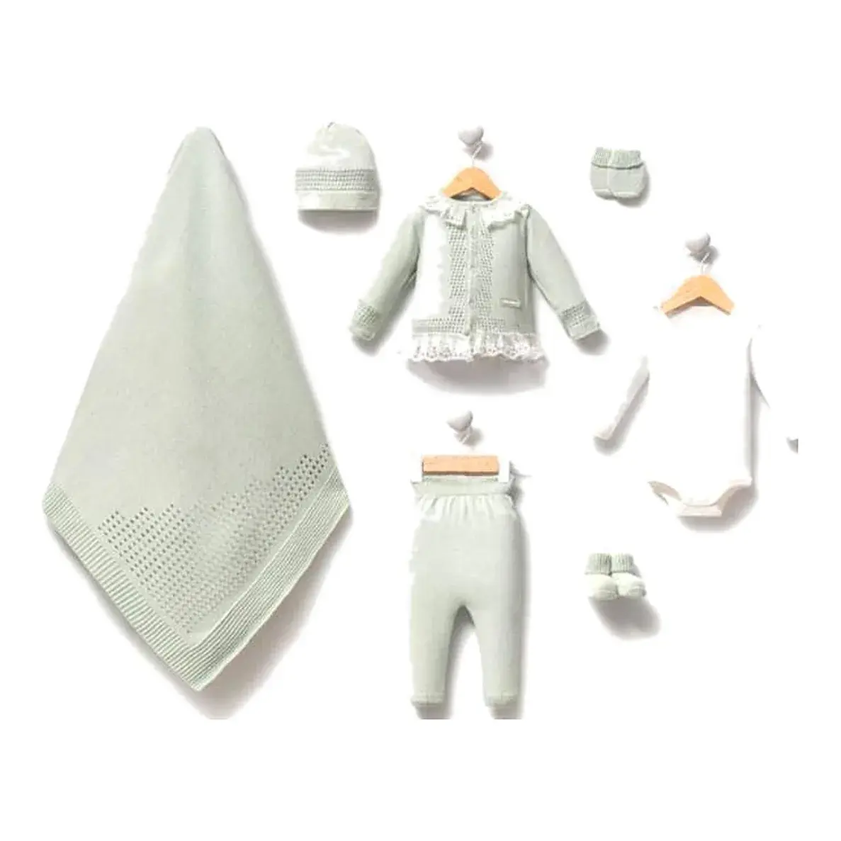 Baby Girl Knit Set 7 Pieces Lace Trim Cardigan with Blanket Model 2010 - Mint Green