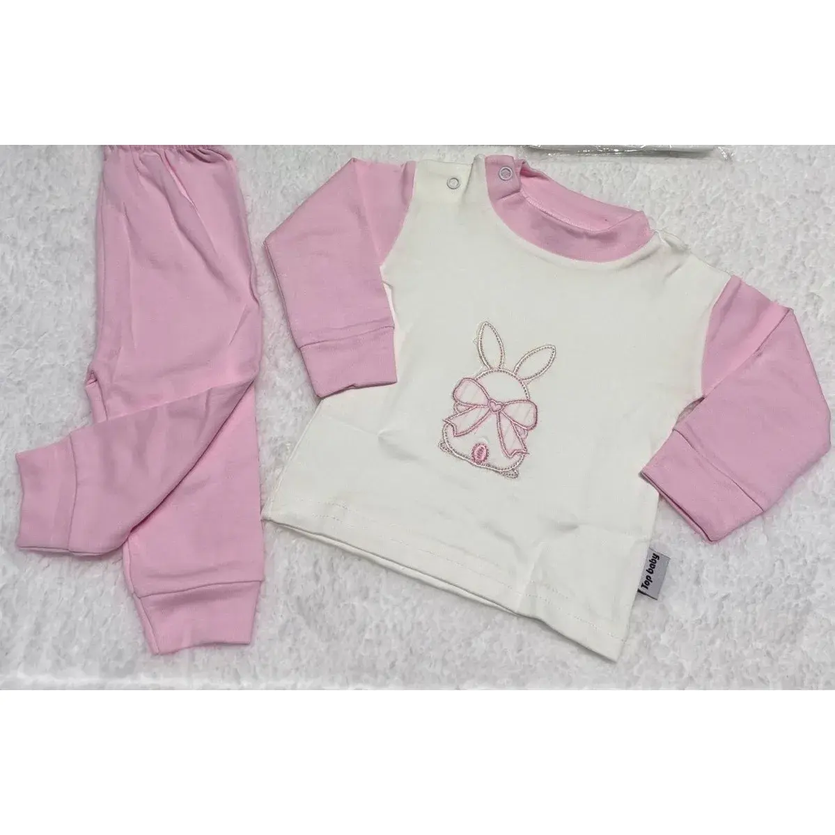 Baby Girl Cotton Pajama Set 2 Pieces Bunny with Big Bow Embroidery Model 7825 - Pink
