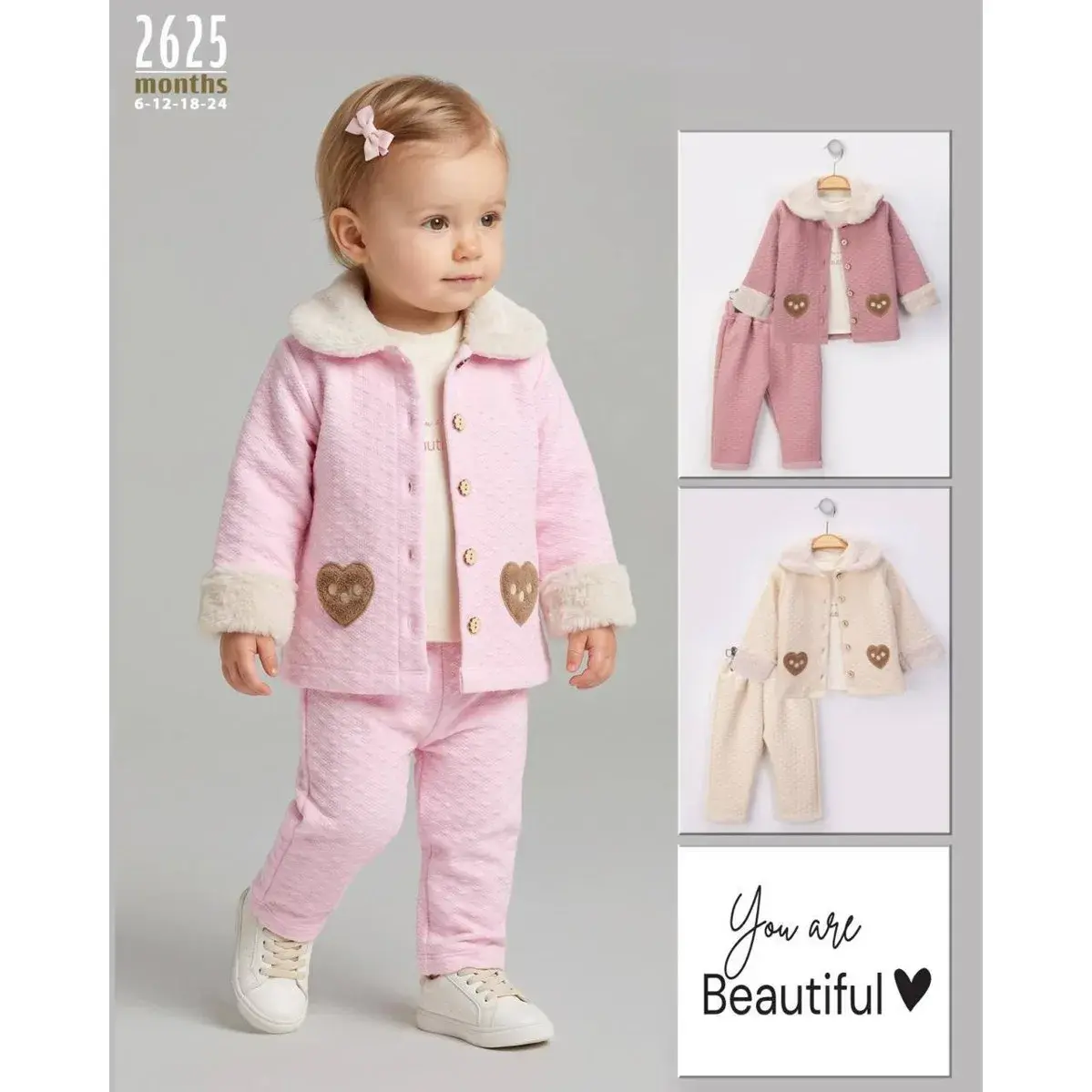Baby Girl Set 3 Pieces Quilted Fur Collar Jacket Hearts Top Pants Model 2625 - Pink
