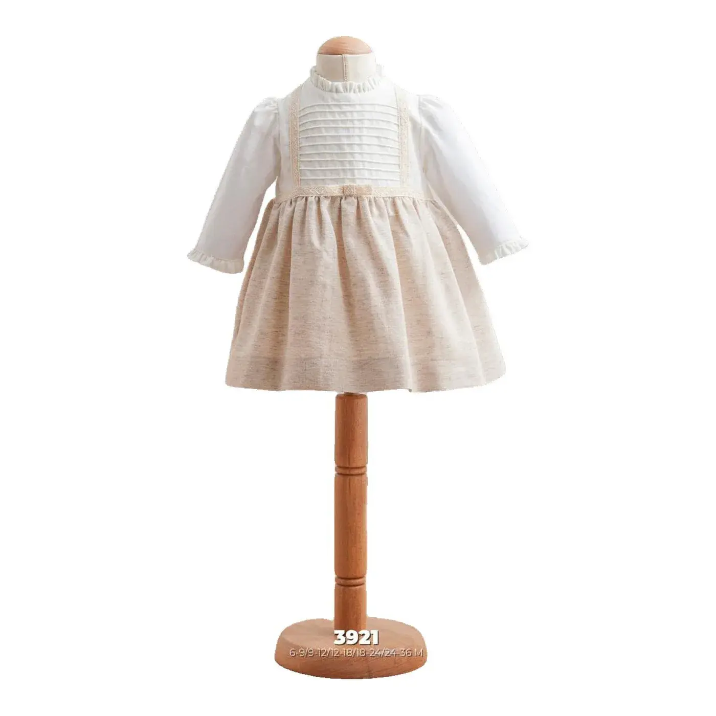 Baby Girls Long Sleeve Dress with Ruffled High Neck and Pintucked Bib Model 3921