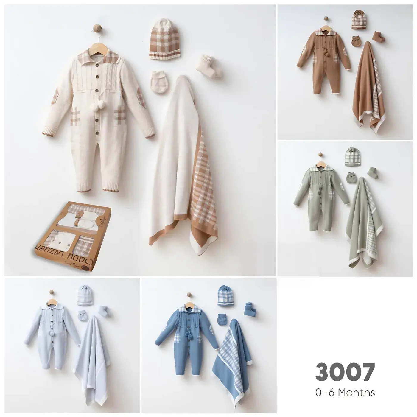 Newborn Knit Coming Home Set 5 Pieces Cable Knit with Plaid Details Model 3007