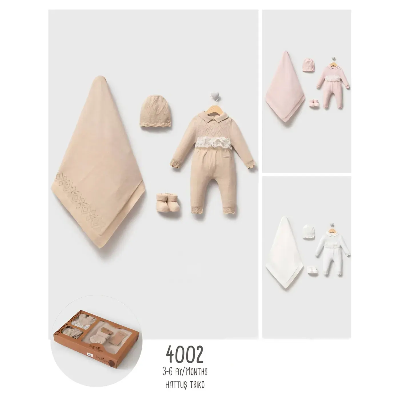 Baby Knit Set 4 Pieces Diamond Knit Romper with Lace Waist Model 4002
