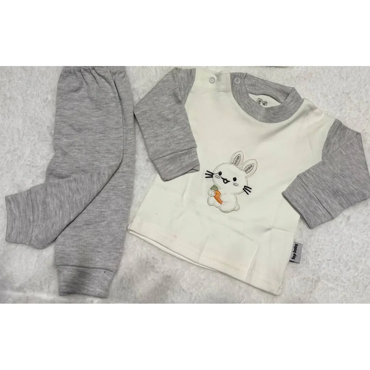 Baby Cotton Pajama Set 2 Pieces Bunny Holding Carrot Embroidery Model 7821 - Grey