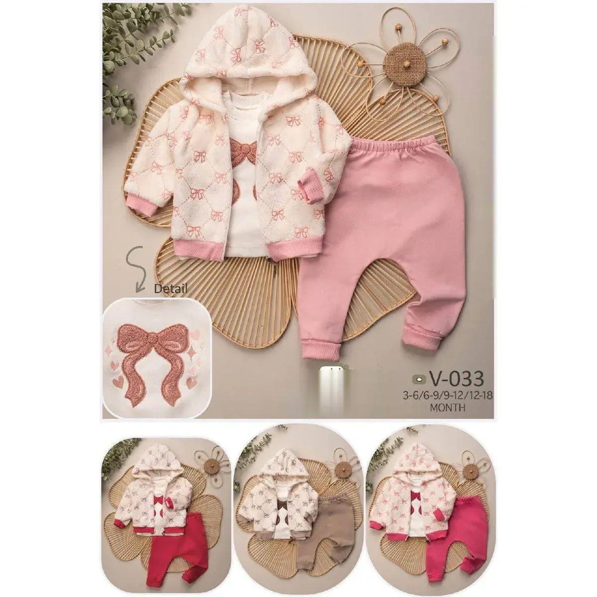 Baby Girl Winter Set 3 Pieces Cream Bow Print Plush Jacket Fleece Joggers Model V-033 - Pink