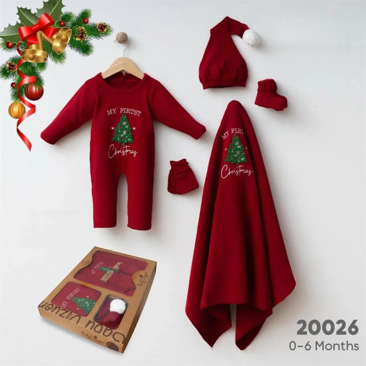 Baby Christmas Knit Set Red 5 Pieces Embroidered Christmas Tree Model 20026 - Red