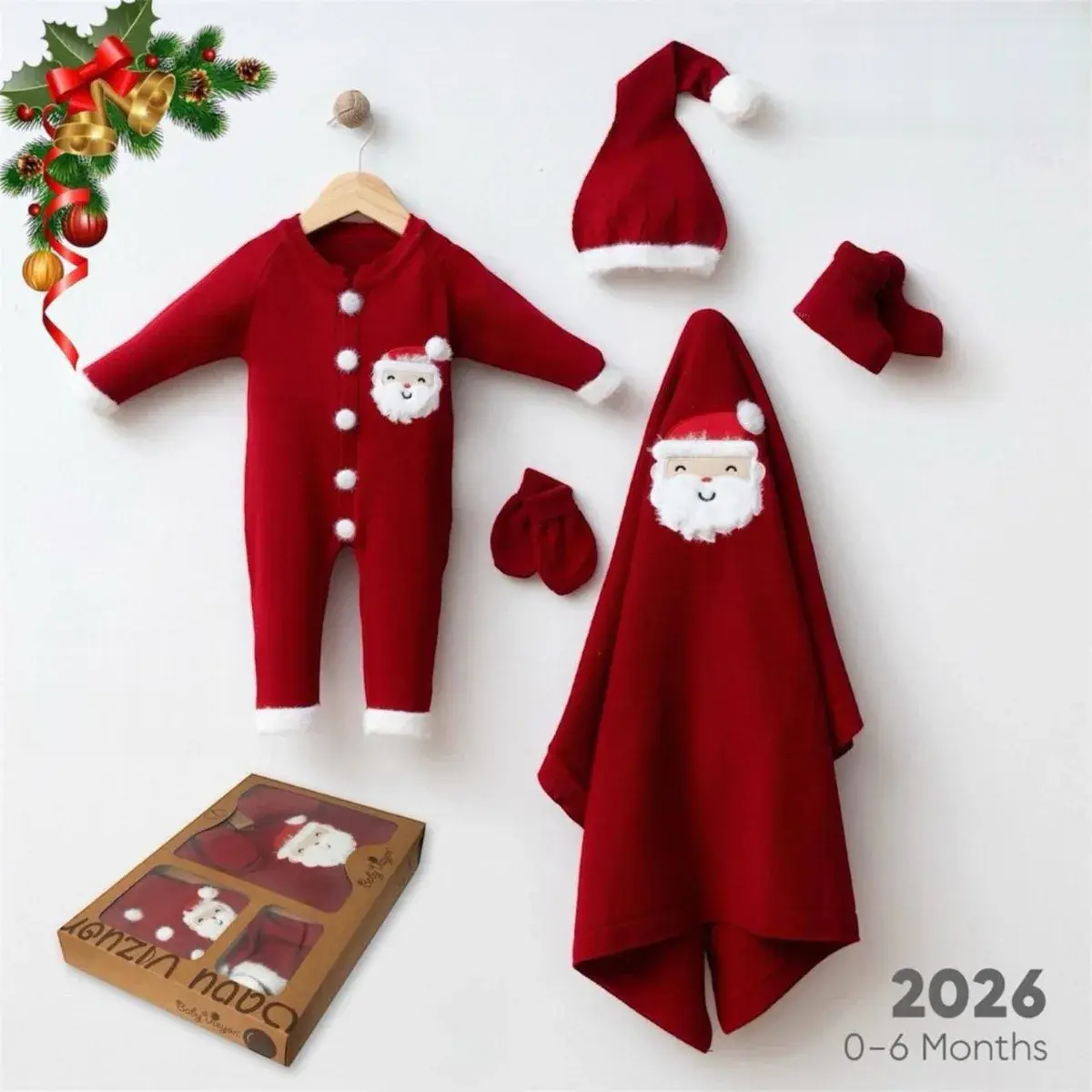 Baby Christmas Knit Set Red 5 Pieces Santa Face with White Fluffy Trim Model 2026 - Red