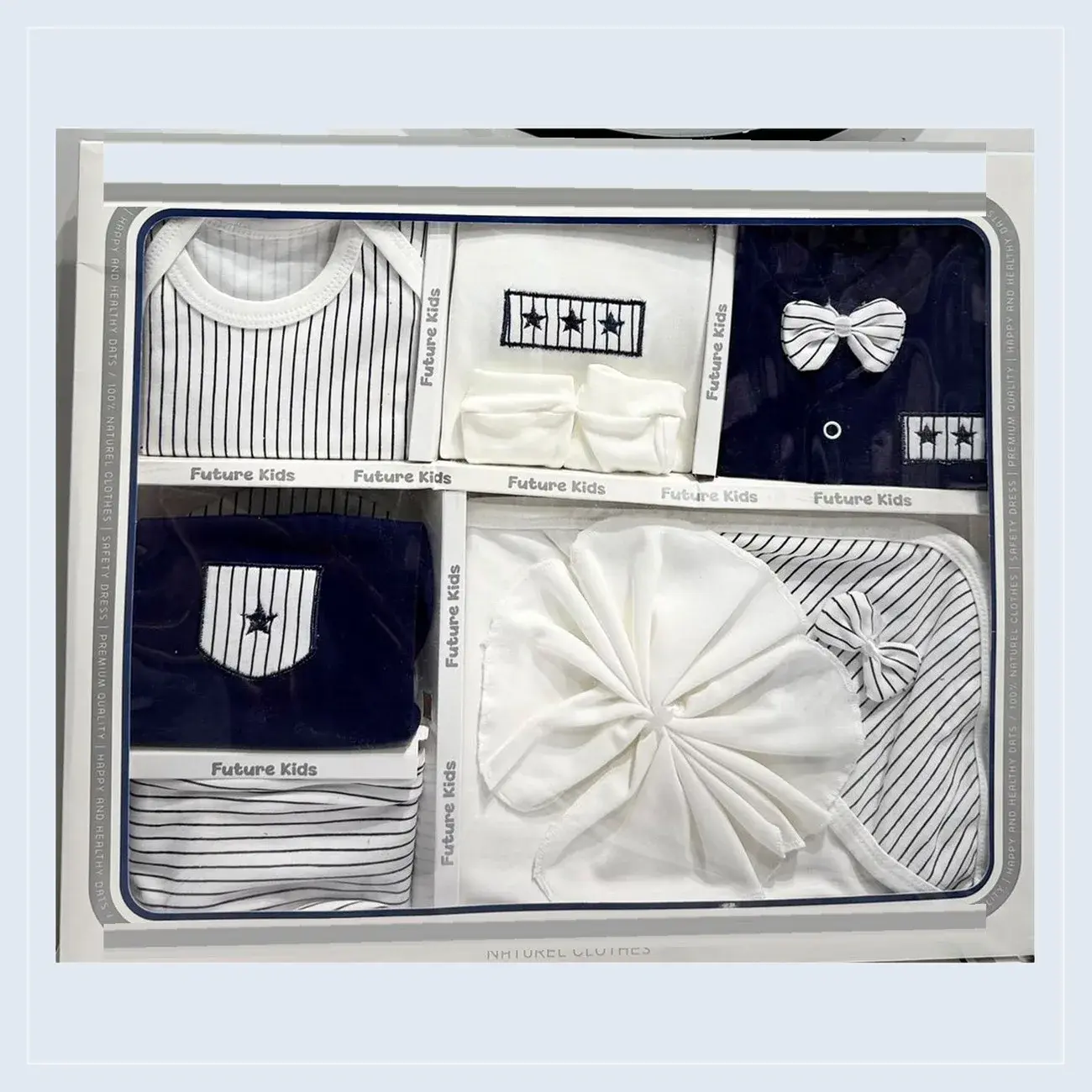Newborn Hospital Set for Boys 10 Pieces 100% Cotton Pinstripes with Bow Tie