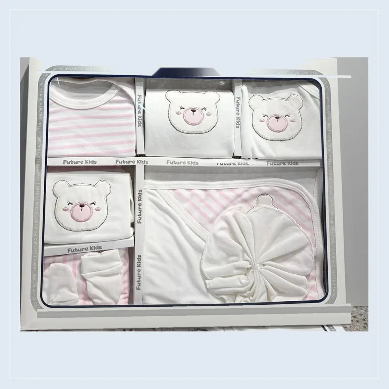 Newborn Hospital Set 10 Pieces 100% Cotton Embroidered Teddy Face Soft Pastel Stripes