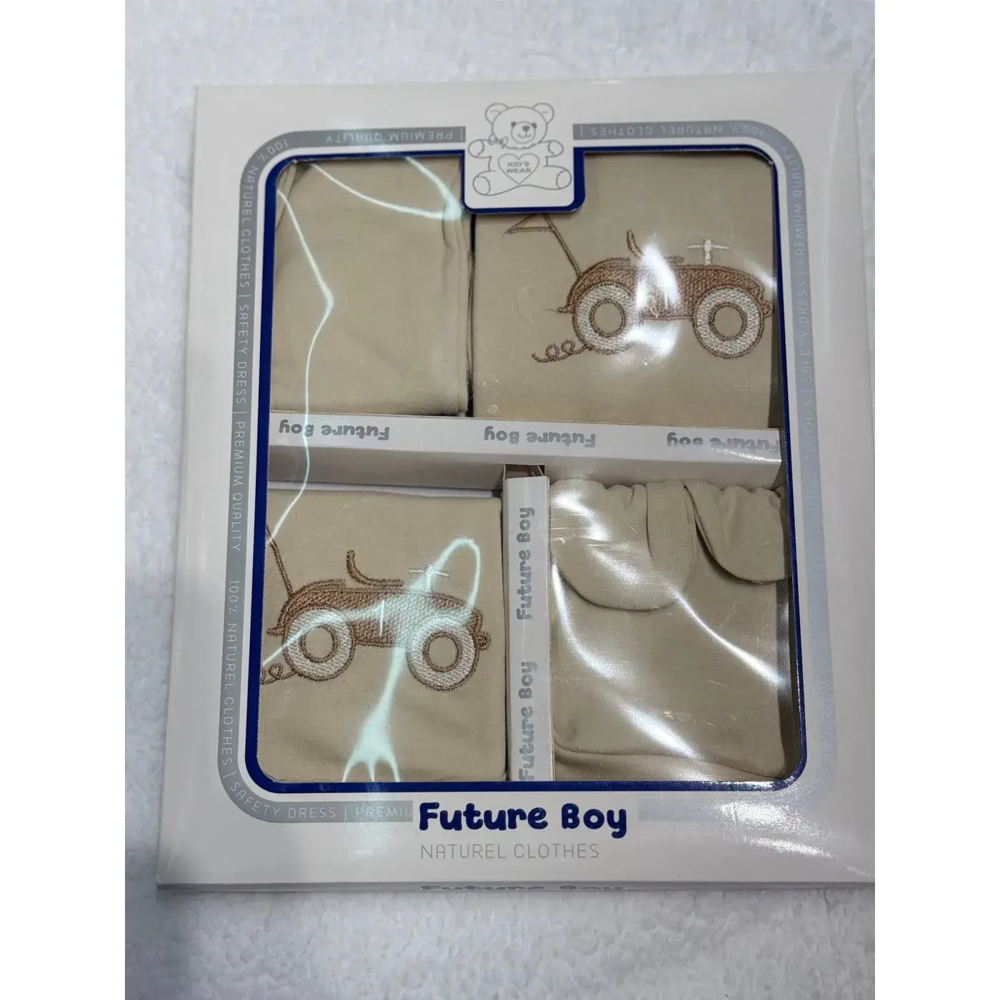 Newborn Hospital Set 5 Pieces 100% Cotton Beige Embroidered Little Cars Model 6305