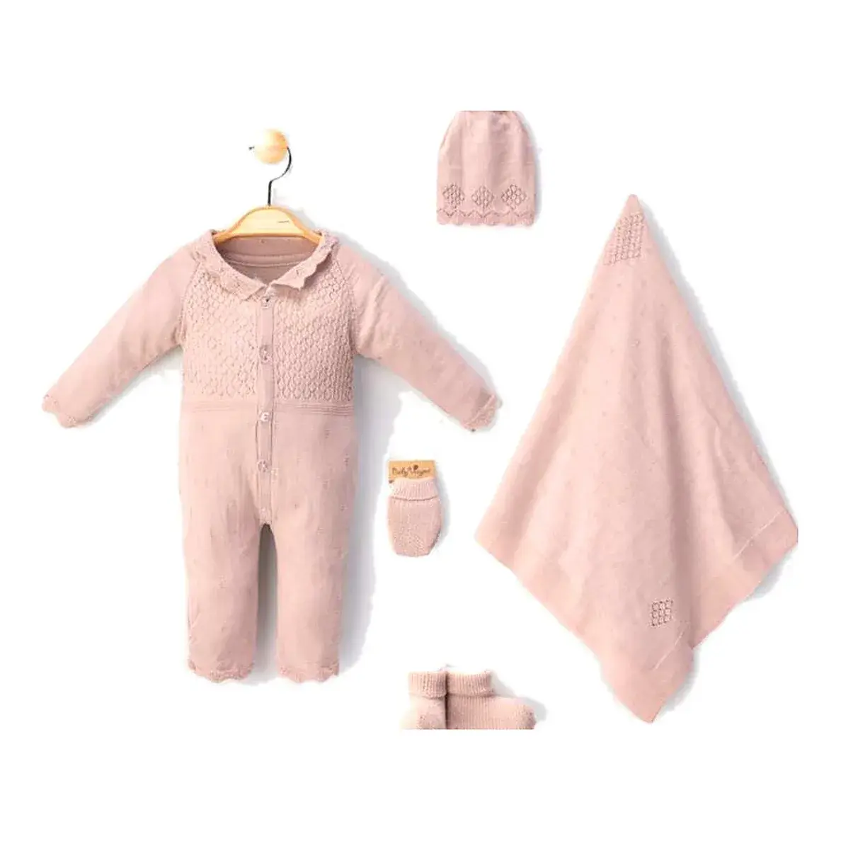 Newborn Knit Set 5 Pieces Honeycomb Yoke Romper with Scalloped Collar Model 3008 - Dusty Rose