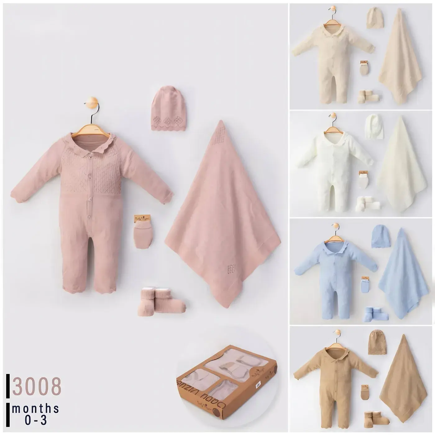 Newborn Knit Set 5 Pieces Honeycomb Yoke Romper with Scalloped Collar Model 3008