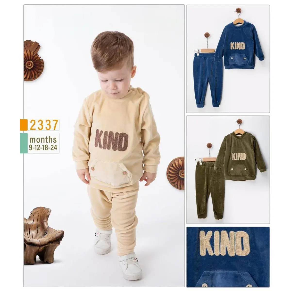 Boys Velvet Pajama Set 2 Pieces KIND Sweatshirt with Pocket and Joggers Model 2337 - Beige