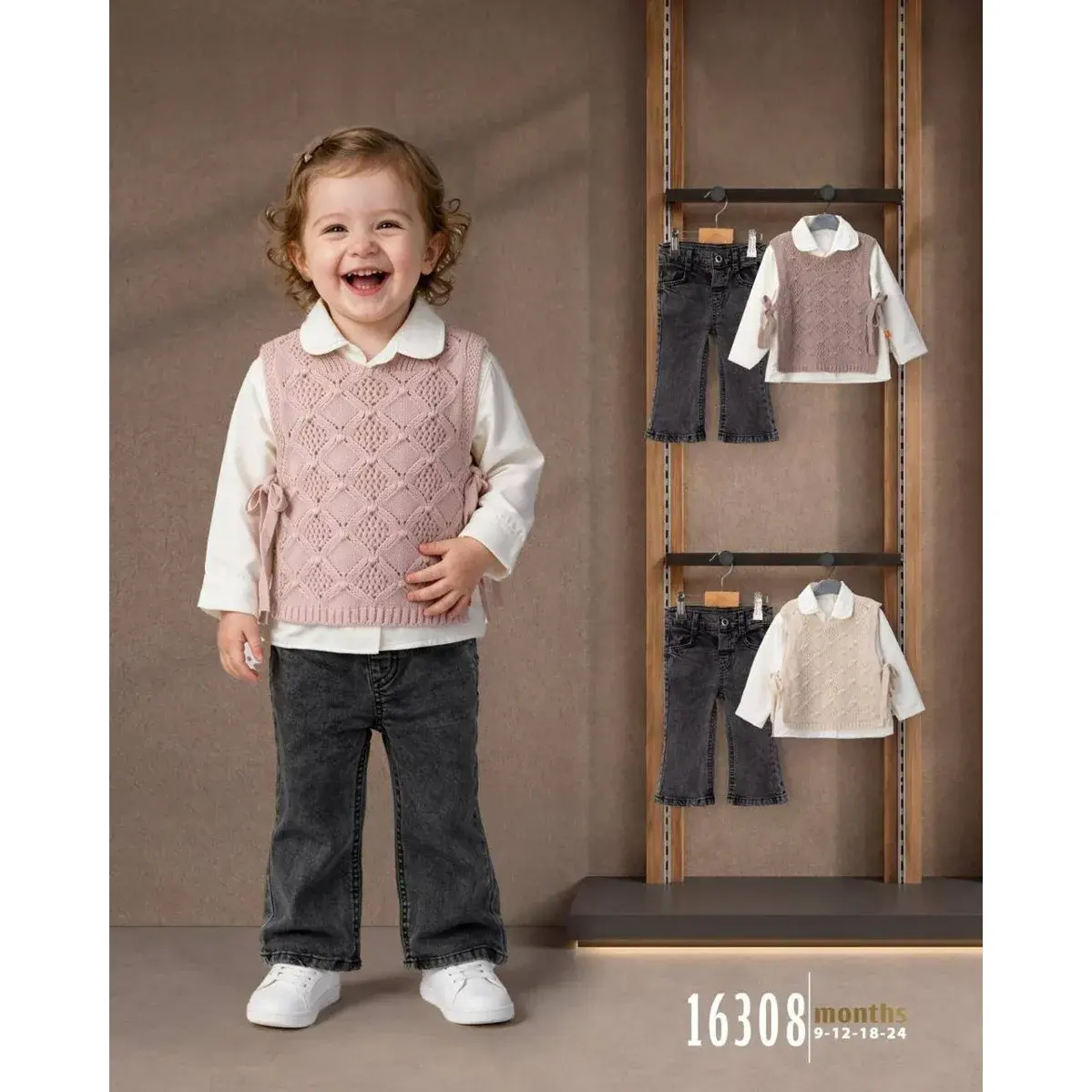 Girls 3 Piece Set Knit Vest with Side Ties Collared Shirt Grey Jeans Model 16308 - Dusty Rose
