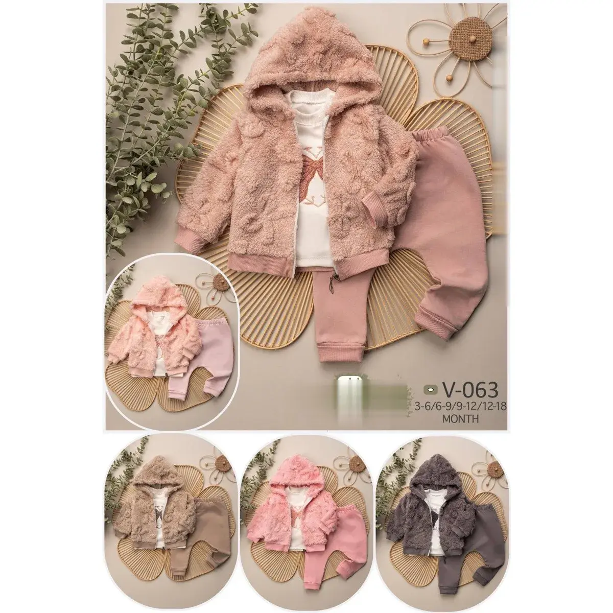 Baby Girl Winter Set 3 Pieces Plush Hooded Jacket Cat Print Model V-063 - Dusty Rose