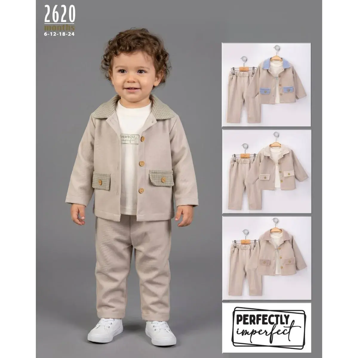 Toddler Set 3 Pieces Checked Collar Jacket Tee and Trousers Model 2620 - Beige-Sage